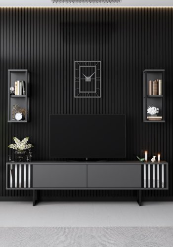 NORDVÄRK Chrome Line TV-bord og 2 vghylder - antracitgr melamin og sort metal (st med 3)