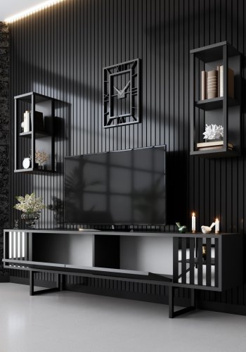 NORDVÄRK Chrome Line TV-bord og 2 vghylder - antracitgr melamin og sort metal (st med 3)