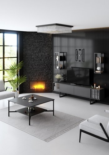 NORDVÄRK Chrome Line TV-bord og 2 vghylder - antracitgr melamin og sort metal (st med 3)