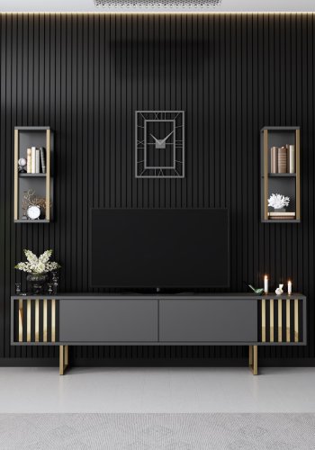 NORDVÄRK Gold Line TV-bord og 2 vghylder - antracitgr melamin og sort metal (st med 3)