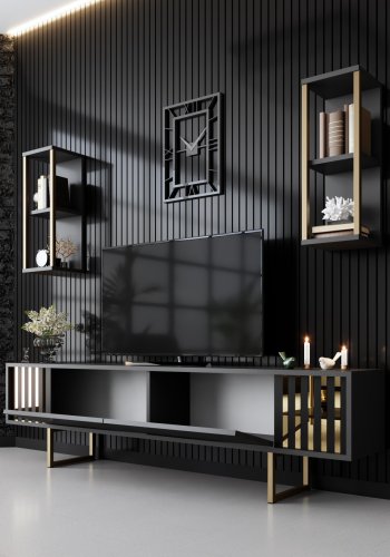 NORDVÄRK Gold Line TV-bord og 2 vghylder - antracitgr melamin og sort metal (st med 3)