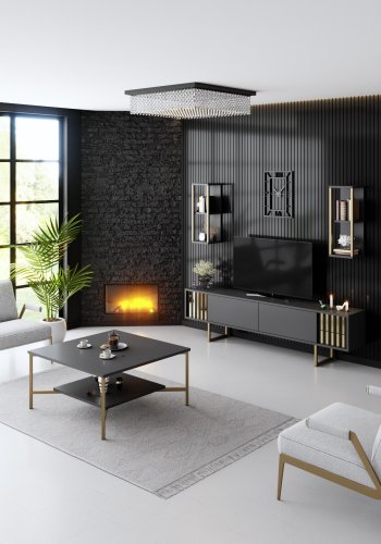 NORDVÄRK Gold Line TV-bord og 2 vghylder - antracitgr melamin og sort metal (st med 3)