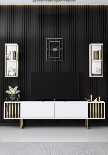 NORDVÄRK Gold Line TV-bord og 2 vghylder - ahvid melamin og sort metal (st med 3)