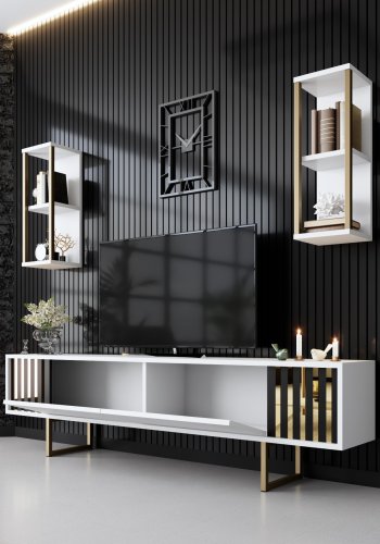 NORDVÄRK Gold Line TV-bord og 2 vghylder - ahvid melamin og sort metal (st med 3)