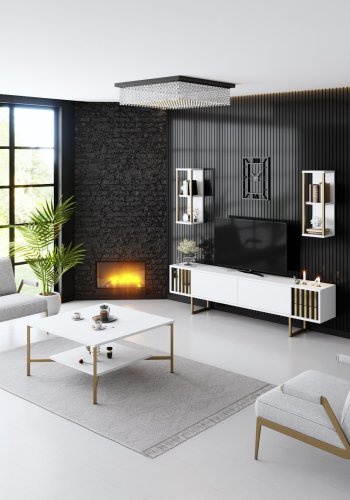 NORDVÄRK Gold Line TV-bord og 2 vghylder - ahvid melamin og sort metal (st med 3)