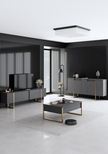 NORDVÄRK Luxe konsolbord, m. 4 lger og 4 hylder - antracitgr melamin og guld metal (160x35)