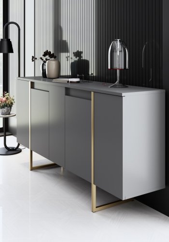 NORDVÄRK Luxe konsolbord, m. 4 lger og 4 hylder - antracitgr melamin og guld metal (160x35)