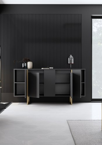 NORDVÄRK Luxe konsolbord, m. 4 lger og 4 hylder - antracitgr melamin og guld metal (160x35)