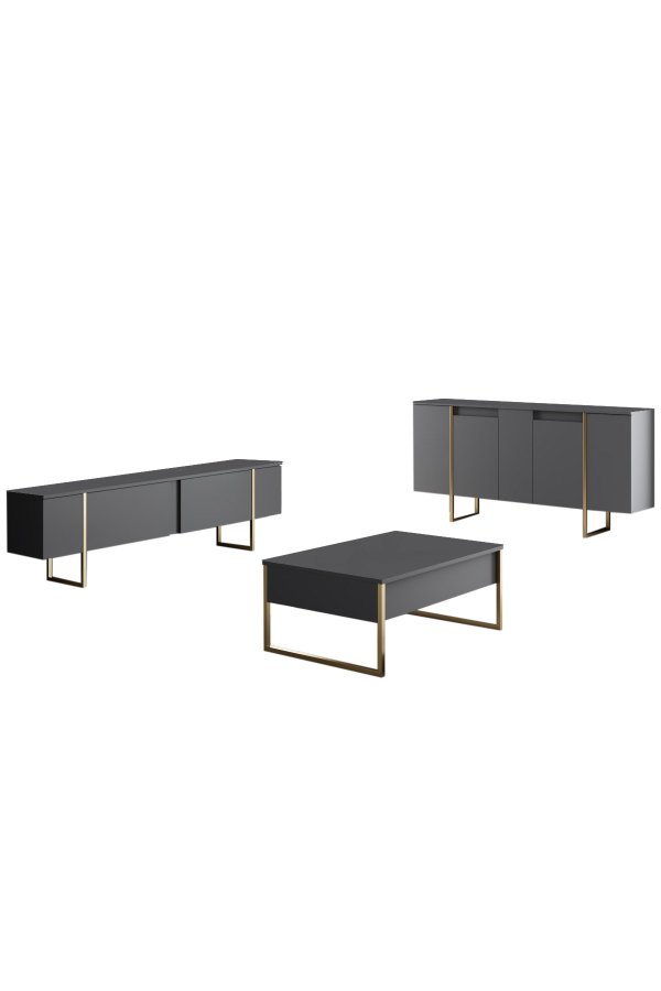 NORDVÄRK Luxe konsolbord, m. 4 lger og 4 hylder - antracitgr melamin og guld metal (160x35)
