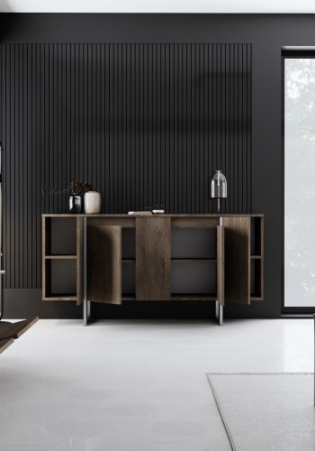 NORDVÄRK Luxe konsolbord, m. 4 lger, 4 hylder - valnd melamin og slv metal  (160x35)