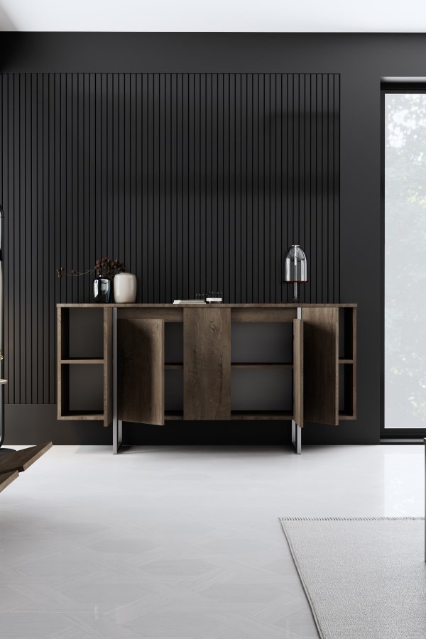 NORDVÄRK Luxe konsolbord, m. 4 lger, 4 hylder - valnd melamin og slv metal  (160x35)