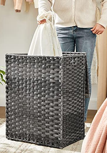 SONGMICS vasketjskurv, 90L, foldbar, m. lg, hndtag, aftagelig foringspose - gr polyrattan