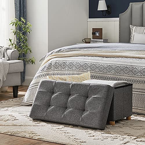 SONGMICS opbevaringsbnk, m. 1 lg, foldbar - mrkegr linned og natur tr (76x38)