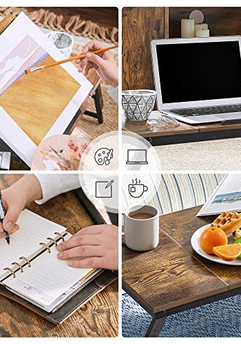 SONGMICS brbar skrivebord til seng, justerbar vippeplade, foldbare ben, skuffe - mrkebrun bambus