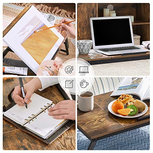 SONGMICS brbar skrivebord til seng, justerbar vippeplade, foldbare ben, skuffe - mrkebrun bambus