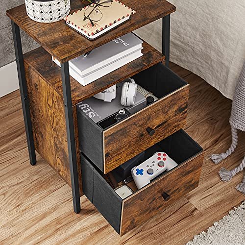 VASAGLE sengebord, m. 1 ben hylde og 2 skuffer - rustik brun spnplade og sort stl (38x28)