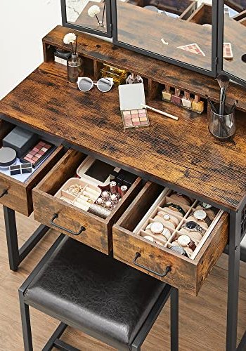 VASAGLE makeupbord, m. trefoldsspejl, 3 skuffer, 4 rum, taburet - brun spnplade, sort stl (90x40)
