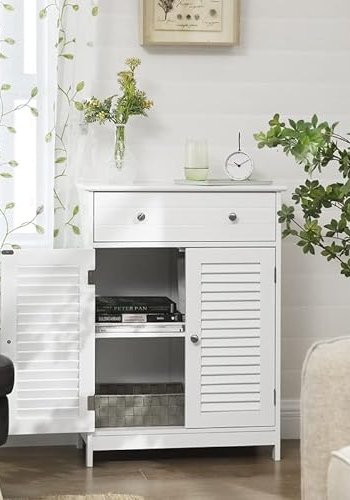 VASAGLE badevrelsesskab, m. 2 lamellger, 1 justerbar hylde og 1 skuffe - hvid MDF