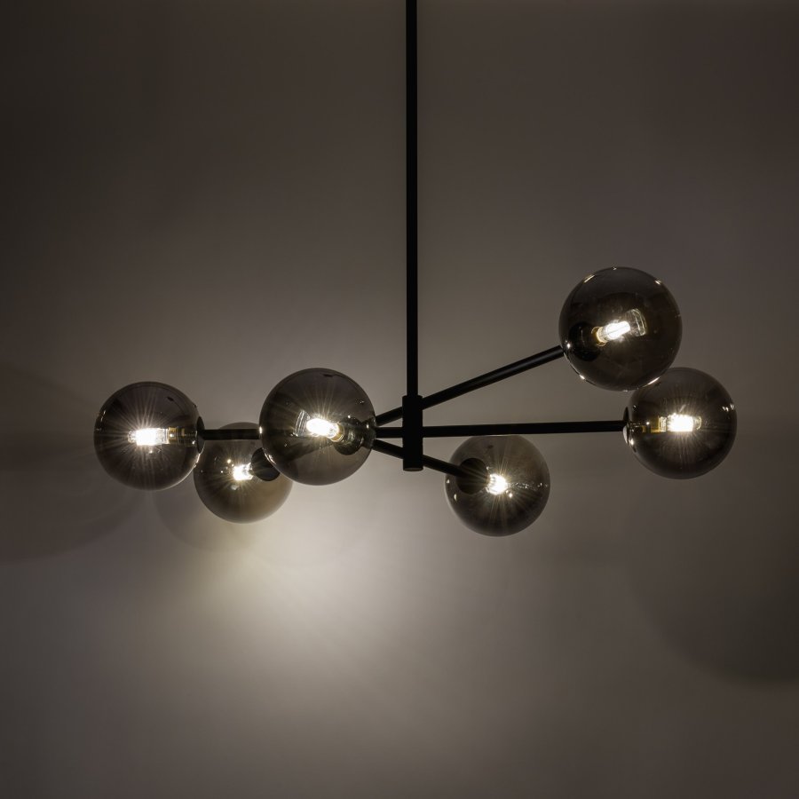 TK Sarius loftlampe, Hj, m. 6 skrme - grafitgr glas og sort metal