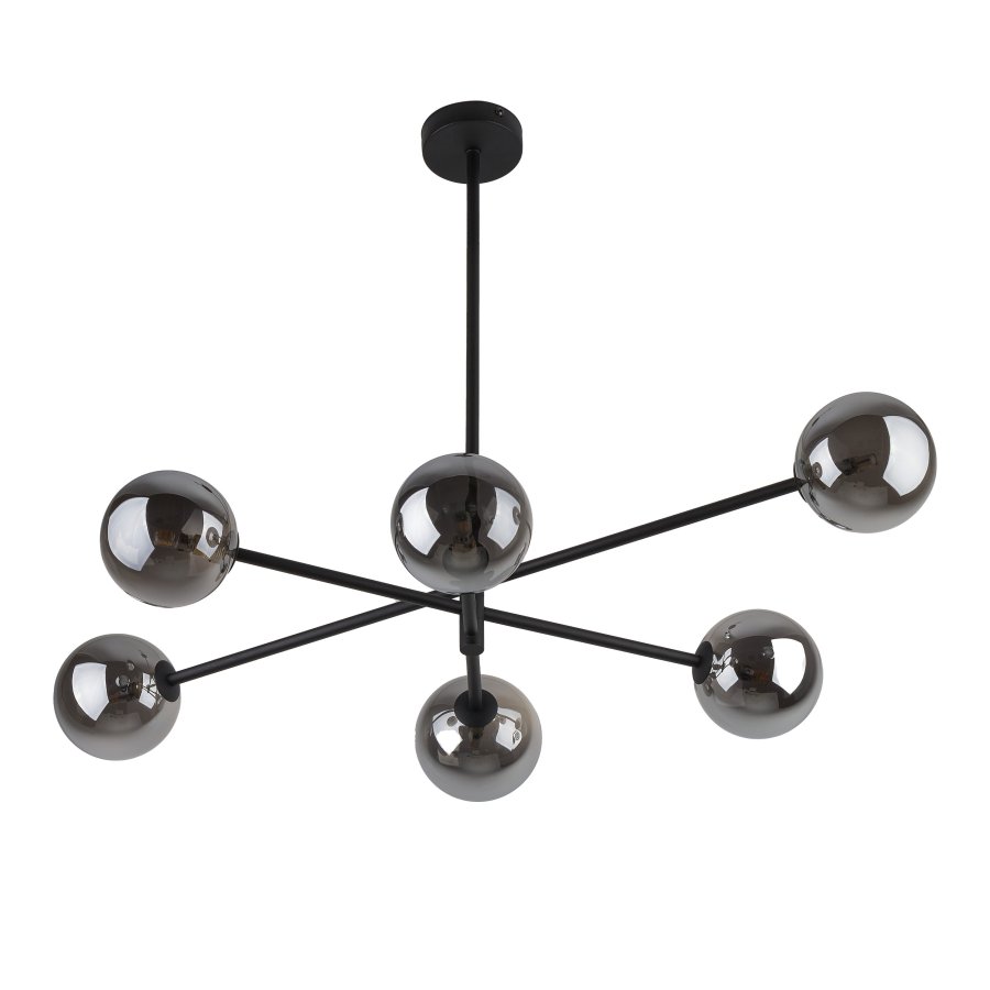 TK Sarius loftlampe, Hj, m. 6 skrme - grafitgr glas og sort metal