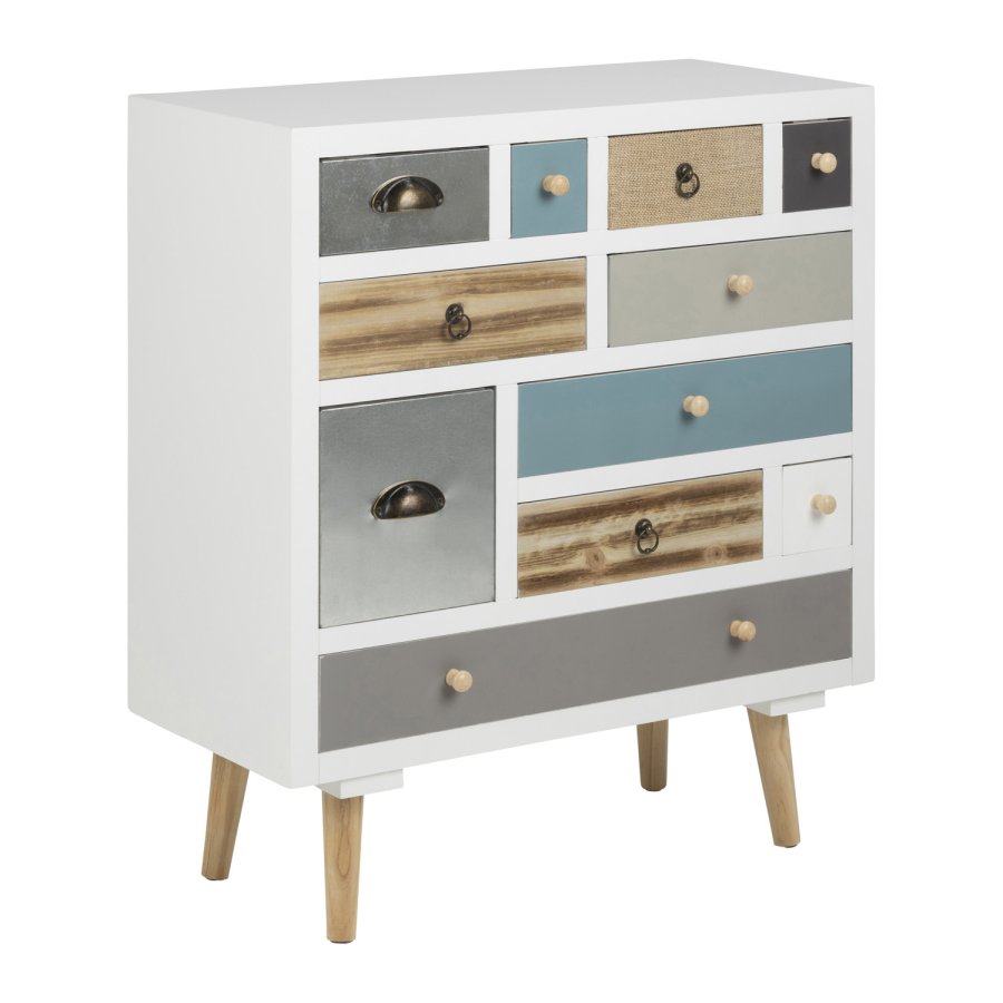 ACT NORDIC Thais kommode - hvid/multifarvet tr og natur fyrretr, m. 11 skuffer
