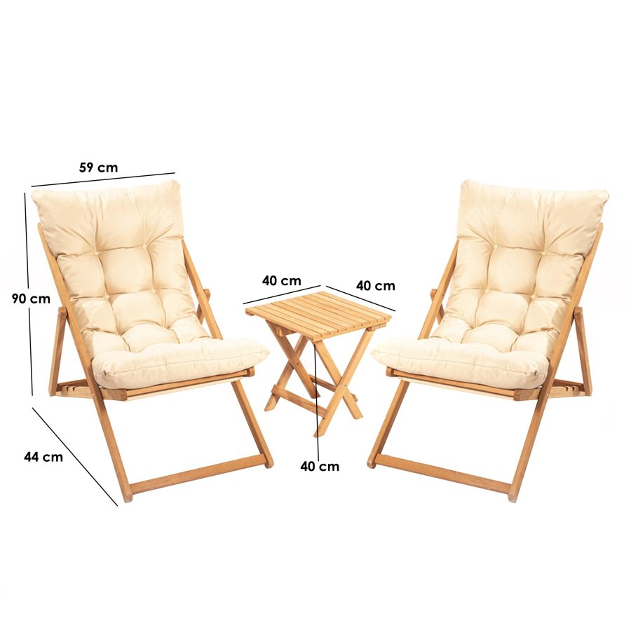 NORDVÄRK My005 loungest m. 1 havebord og 2 liggestole - creme hynde og natur bgetr