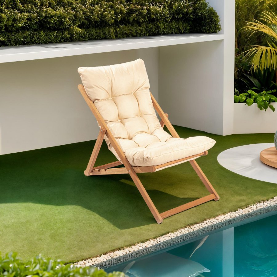 NORDVÄRK My006 udendrs liggestol, m. creme hynde, justerbar rygln - natur bgetr