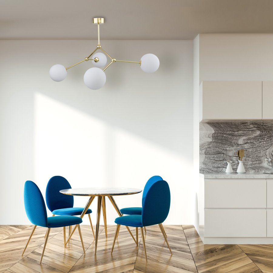 TK Fairy loftlampe, m. 4 skrme - hvid glas og guld metal