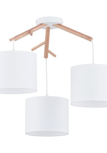 TK Albero loftlampe, m. 3 skrme - hvid stof, natur fyrretr og hvid stl