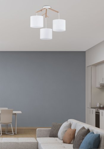 TK Albero loftlampe, m. 3 skrme - hvid stof, natur fyrretr og hvid stl