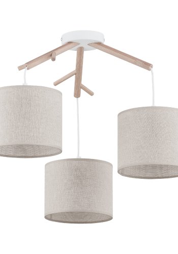 TK Albero loftlampe, m. 3 skrme - beige hr, natur fyrretr og hvid stl
