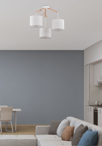 TK Albero loftlampe, m. 3 skrme - beige hr, natur fyrretr og hvid stl