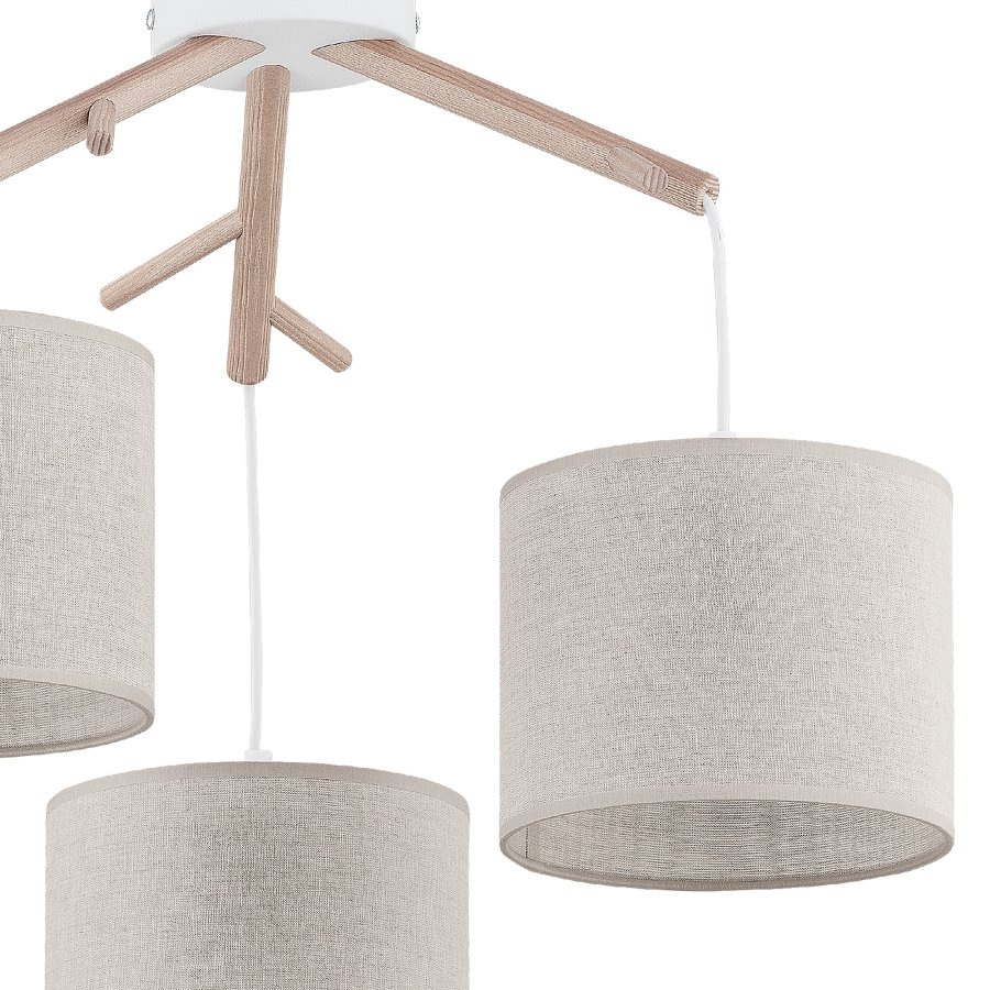 TK Albero loftlampe, m. 3 skrme - beige hr, natur fyrretr og hvid stl