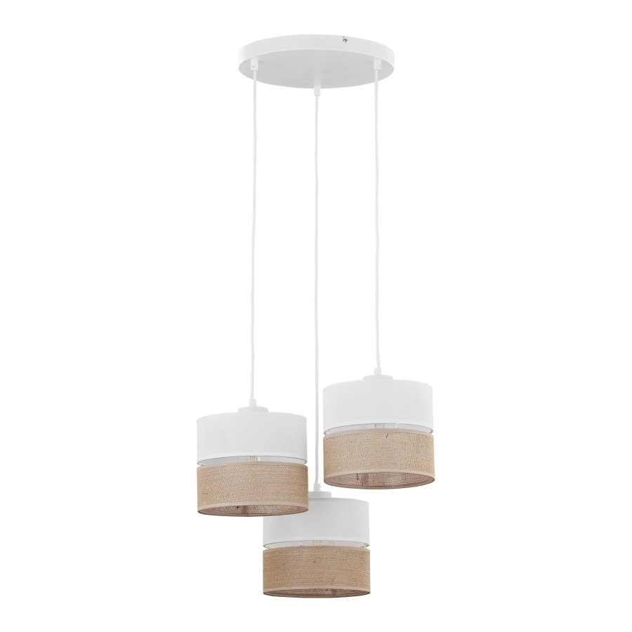TK Linobianco loftlampe, m. 3 skrme - brun jute, hvid stof og hvid metal