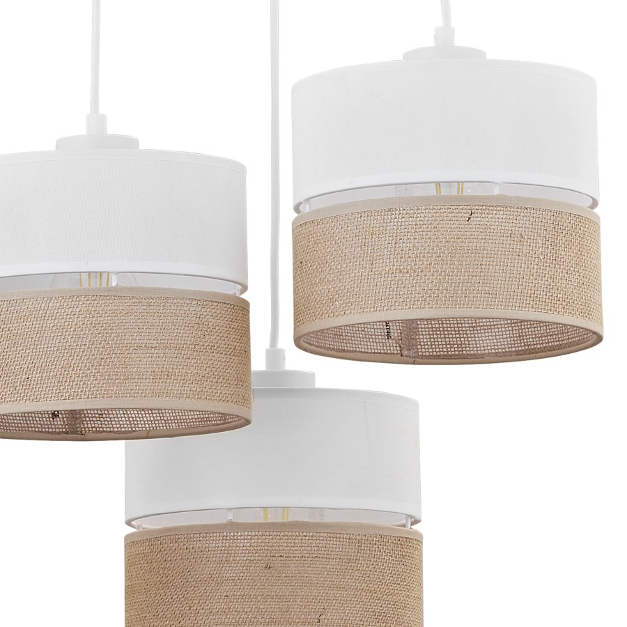 TK Linobianco loftlampe, m. 3 skrme - brun jute, hvid stof og hvid metal