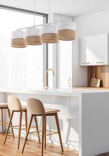 TK Linobianco loftlampe, m. 4 skrme - brun jute, hvid stof og hvid metal