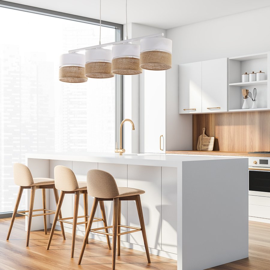 TK Linobianco loftlampe, m. 4 skrme - brun jute, hvid stof og hvid metal