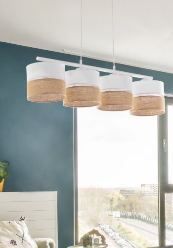 TK Linobianco loftlampe, m. 4 skrme - brun jute, hvid stof og hvid metal