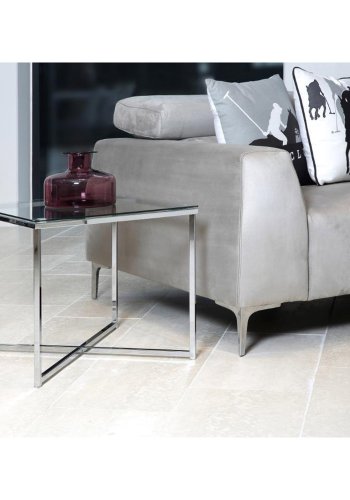 ACT NORDIC Cross hjrnebord, kvadratisk - klar glas og krom metal (50x50)