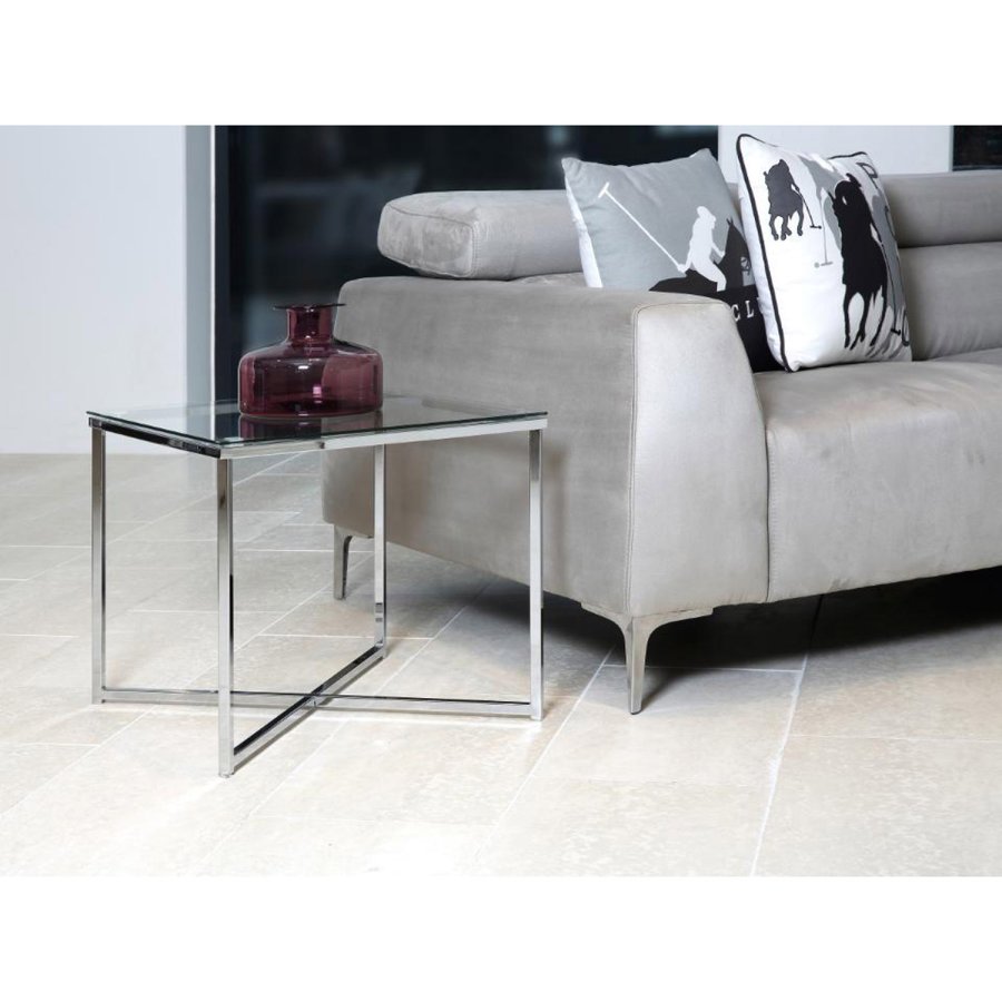 ACT NORDIC Cross hjrnebord, kvadratisk - klar glas og krom metal (50x50)