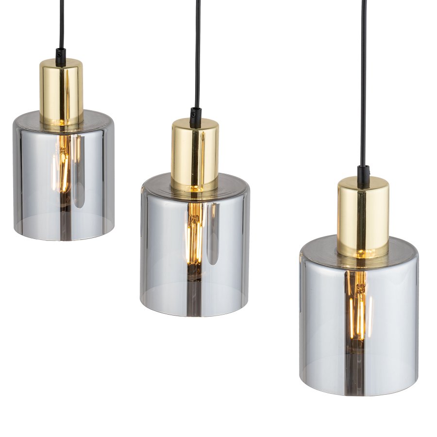 TK Sierra loftlampe, m. 3 skrme - glas og guld metal