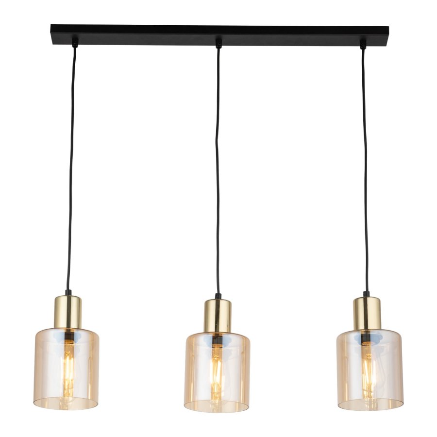 TK Sierra loftlampe, m. 3 skrme - rav glas og guld metal