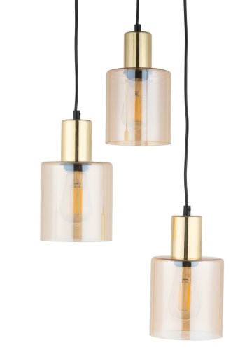 TK Sierra loftlampe, m. 3 skrme - rav glas og guld metal