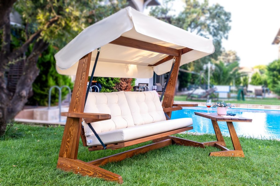 NORDVÄRK Viva 2400 udendrs triple hngesofa - beige polyester stof og grantr