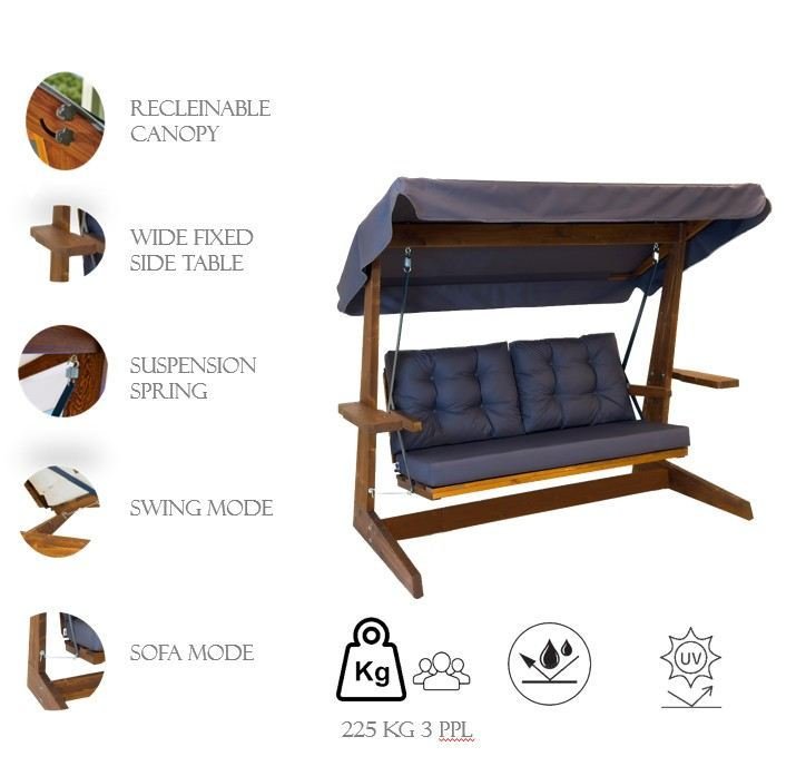 NORDVÄRK Viva 2200 udendrs triple hngesofa - antracitgr polyester stof og grantr