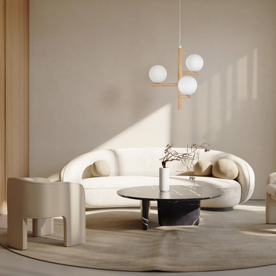 TK Ester loftlampe, m. 3 skrme - glas, natur tr og metal