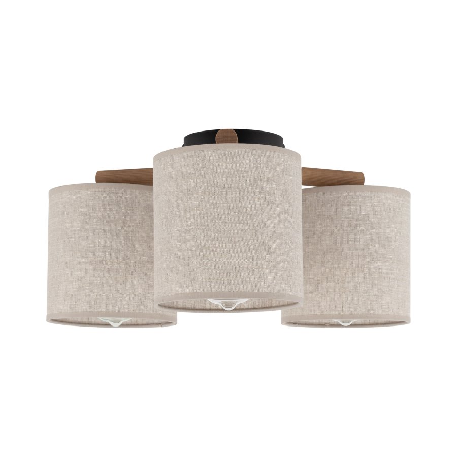 TK Deva loftlampe, m. 3 skrme - natur stof/fyrretr og sort stl