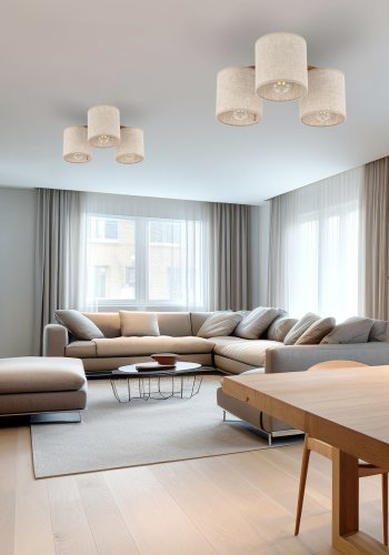 TK Deva loftlampe, m. 3 skrme - natur stof/fyrretr og sort stl