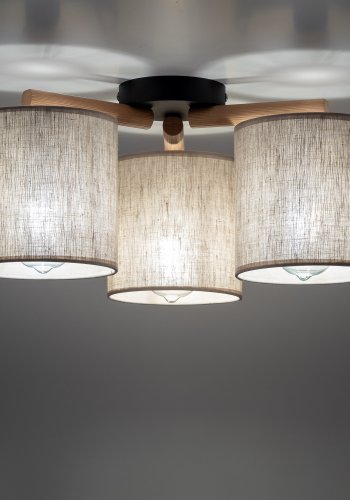 TK Deva loftlampe, m. 3 skrme - natur stof/fyrretr og sort stl