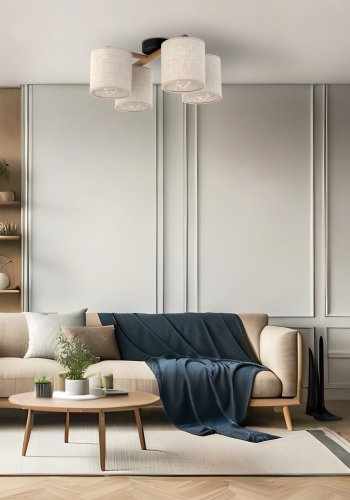 TK Deva loftlampe, m. 4 skrme - natur stof/fyrretr og sort stl